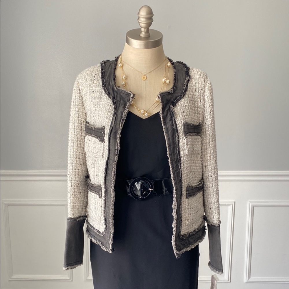 Nanette Lepore Tweed & Denim Open Front Blazer Jacket